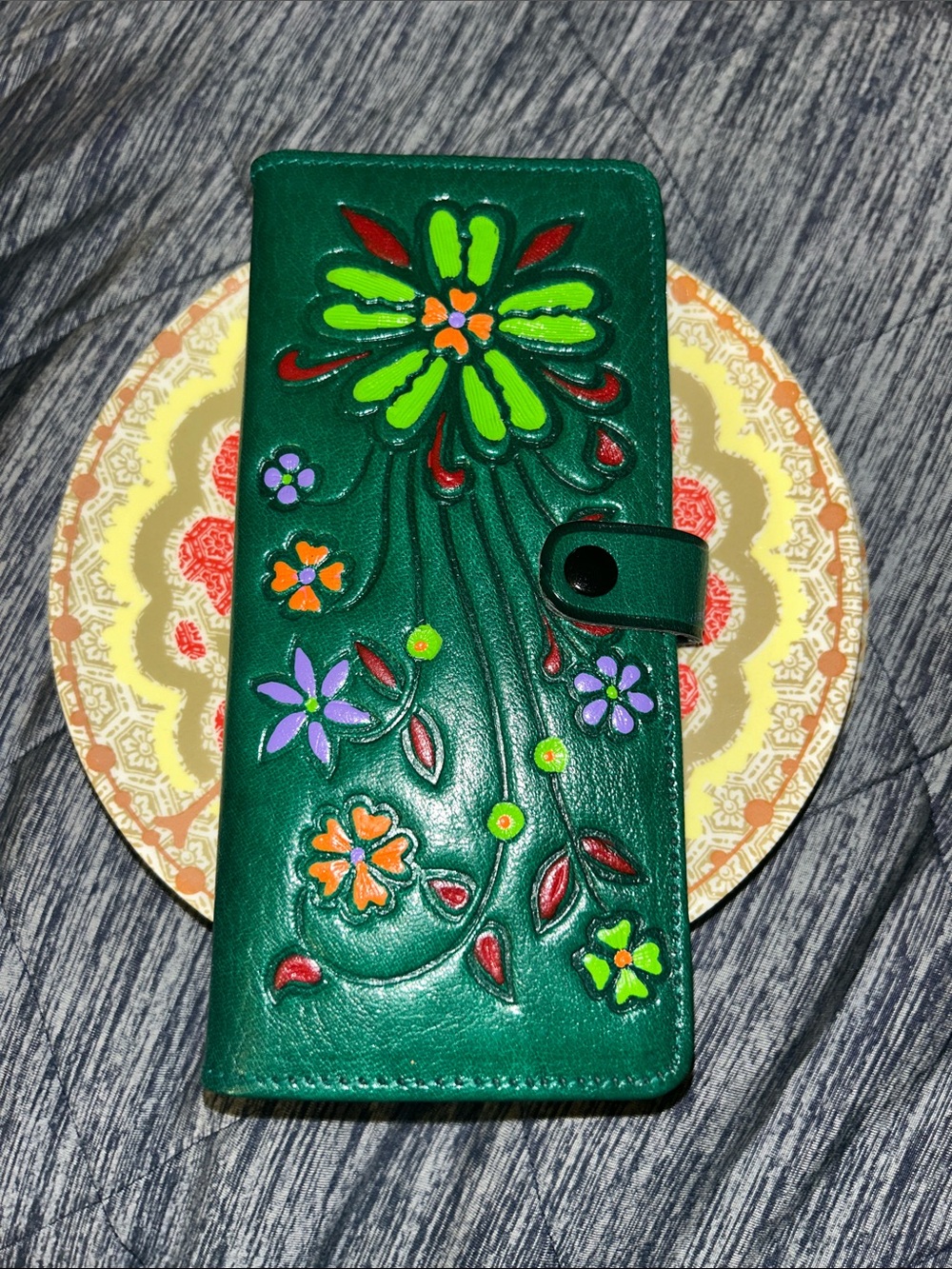 New green leather Hand-Painted Floral Green Wallet